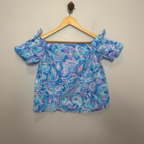 Lilly Pulitzer Tamara Off the Shoulder Top Zanibar Blue Fish Kiss Small - Picture 2 of 7